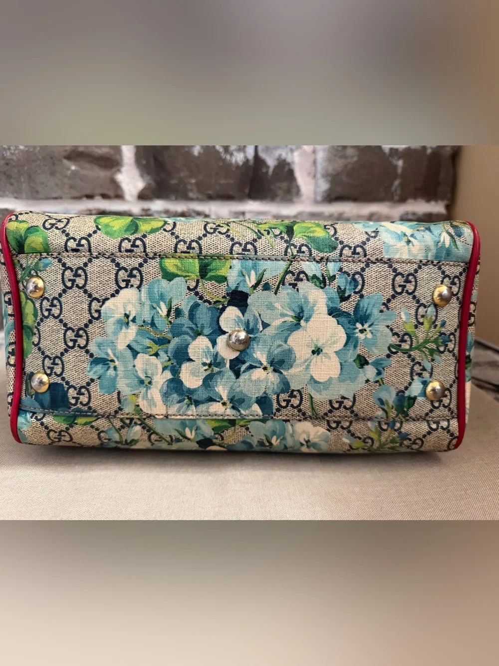 Gucci Floral GG Supreme Canvas Satchel with Red Leather Trim